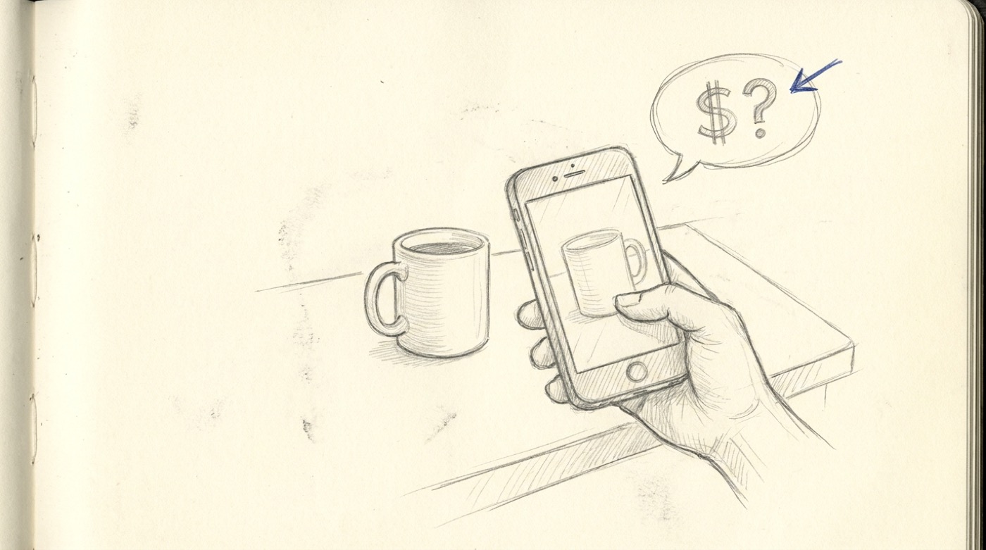 A pencil sketch of a hand holding a phone, photographing a coffee mug, with a speech bubble containing a dollar sign and question mark.