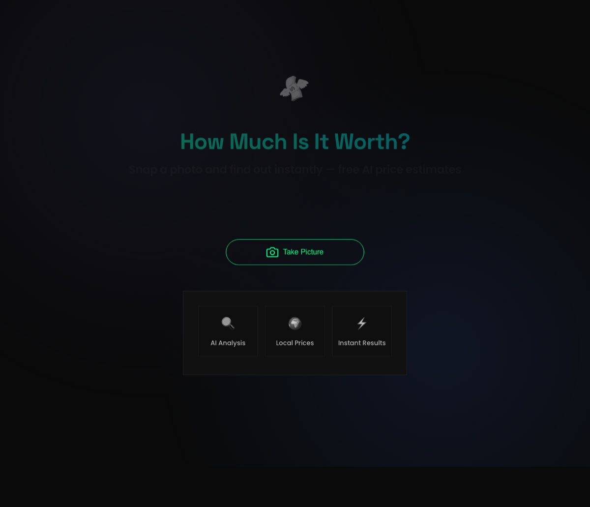 Screenshot of the costcam.app homepage, with a "Take Picture" button and three feature cards: AI Analysis, Local Prices, Instant Results.