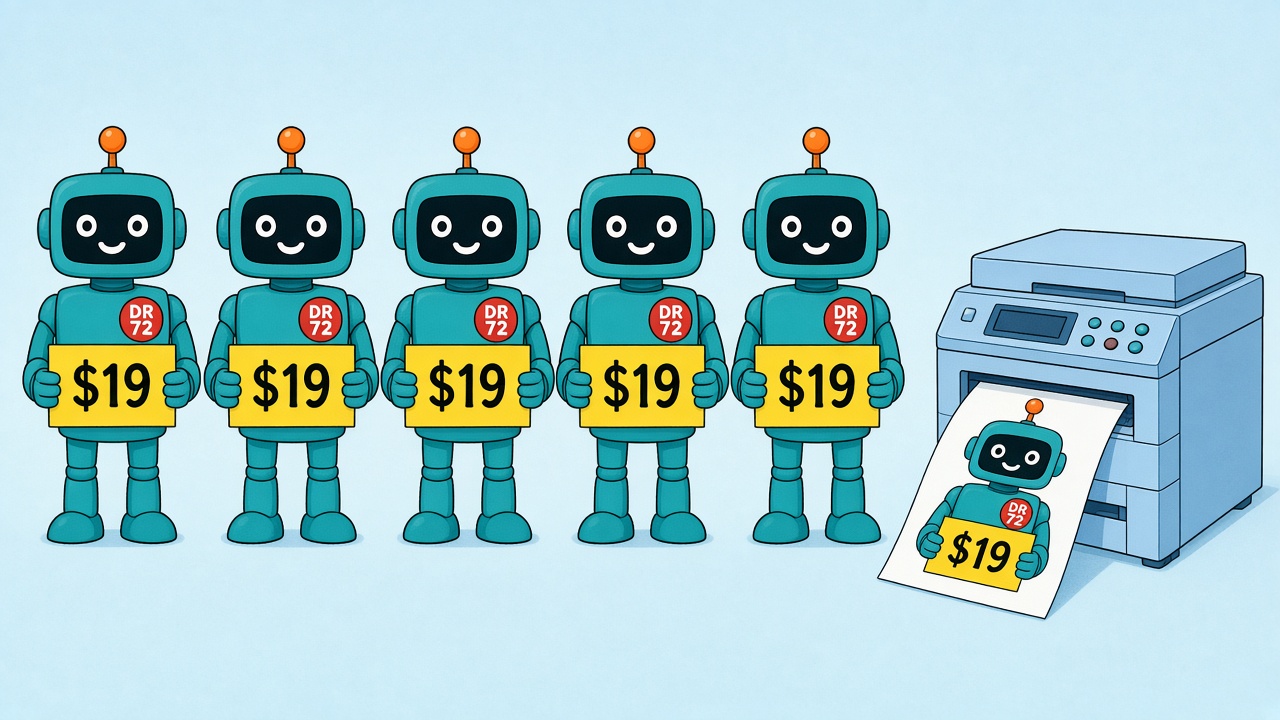 Identical robots holding $19 signs with DR 72 badges next to a photocopier printing another one