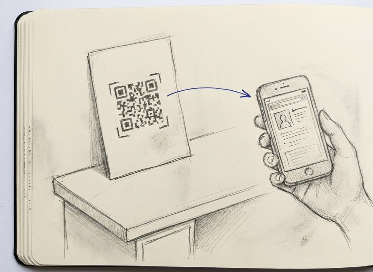A pencil sketch in a cream sketchbook: a printed poster with a QR code propped on a desk, and a hand holding a phone that scans it to open a little mini website.
