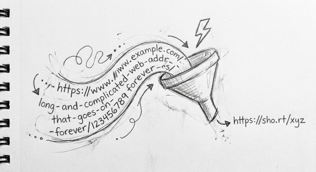 A pencil sketch of a long URL being funneled into a tiny short URL, with a small lightning bolt above the funnel.