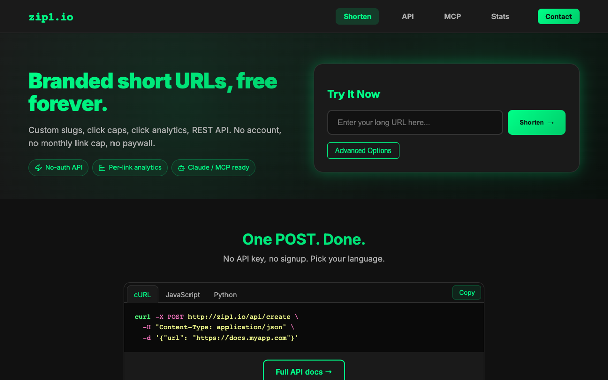 Screenshot of the Zip1.io homepage showing the shorten form and an API code example.